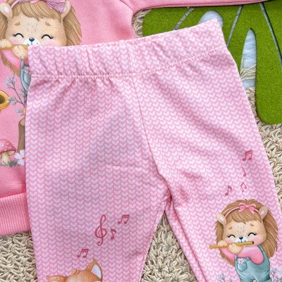 Conj. Casaco de Moletom Leoa com Raposinha e Calça Legging - Rosa